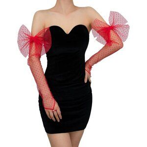 Women's Fingerless Red Long Bow Polka Dot Lace Gloves Sheer Party Accessories